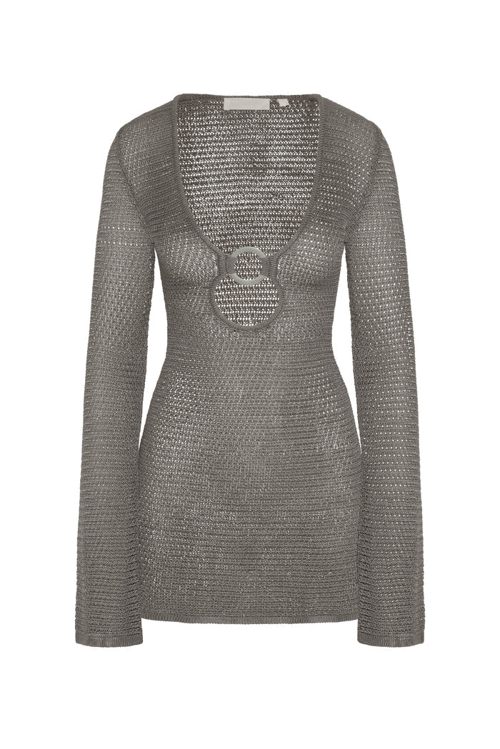 Front view of Montego Mini Dress in steel knit showcasing scoop neckline with ring cutout and long sleeves on white