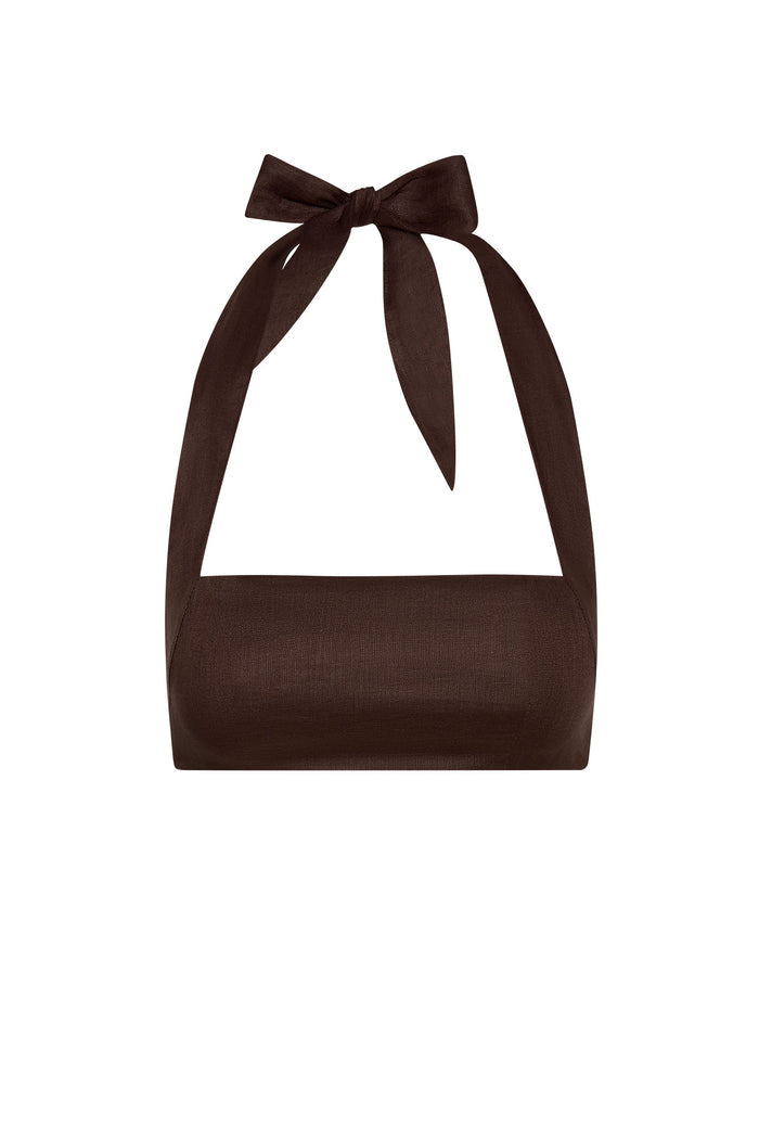 Front view of Montserrat Top in espresso linen showcasing bandeau silhouette and halter tie at neck on white background