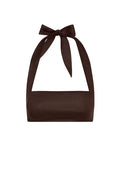 Front view of Montserrat Top in espresso linen showcasing bandeau silhouette and halter tie at neck on white background