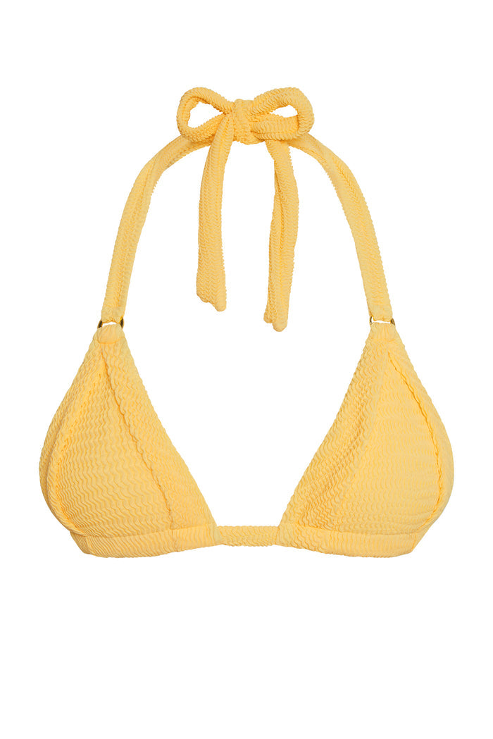 Front view of Morocco Top in Honey Crinkle showcasing textured crinkle triangle cups, halter tie bow and gold ring details on white background