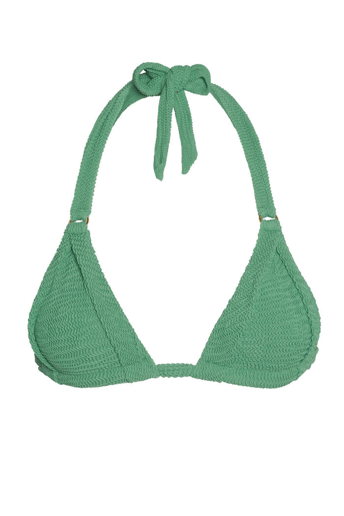 Green textured triangle bikini top with braided underband and halter tie