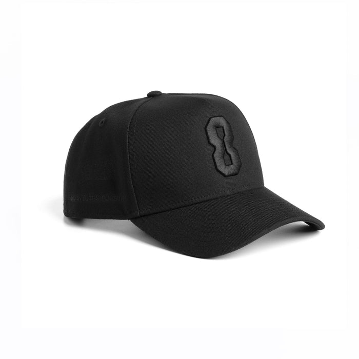 Flatlay of New Era 9Forty A-Frame Hat in black with embroidered 8 logo, side view