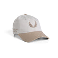 Flatlay of New Era 9Twenty strapback hat in stone and beige two-tone, angled front view