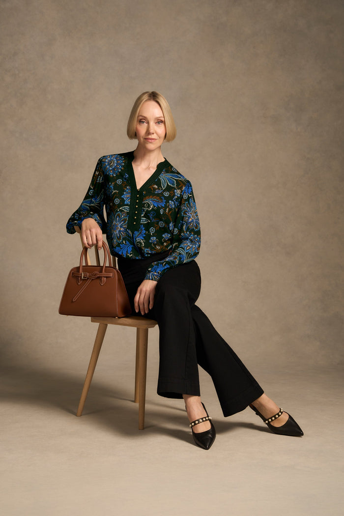 Notch Neck Blouse - Indigo Chintz Print