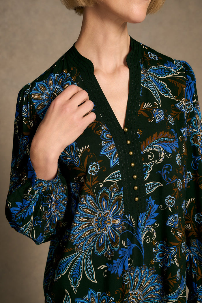 Notch Neck Blouse - Indigo Chintz Print