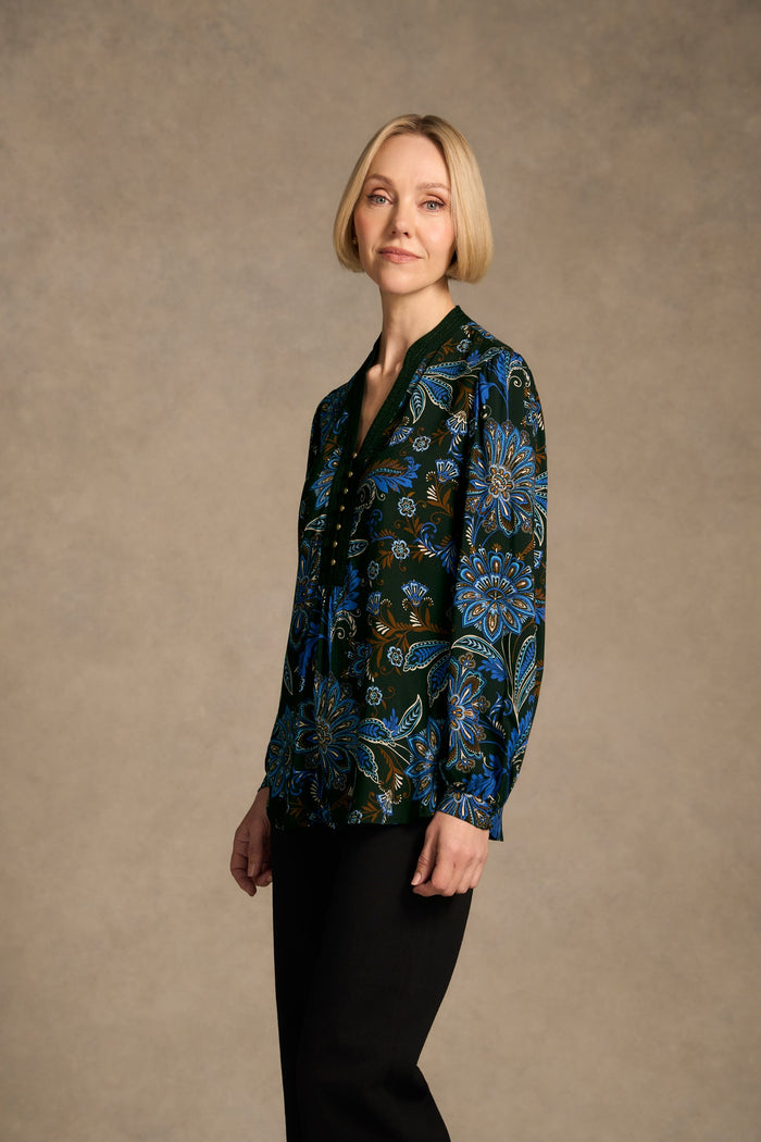 Notch Neck Blouse - Indigo Chintz Print