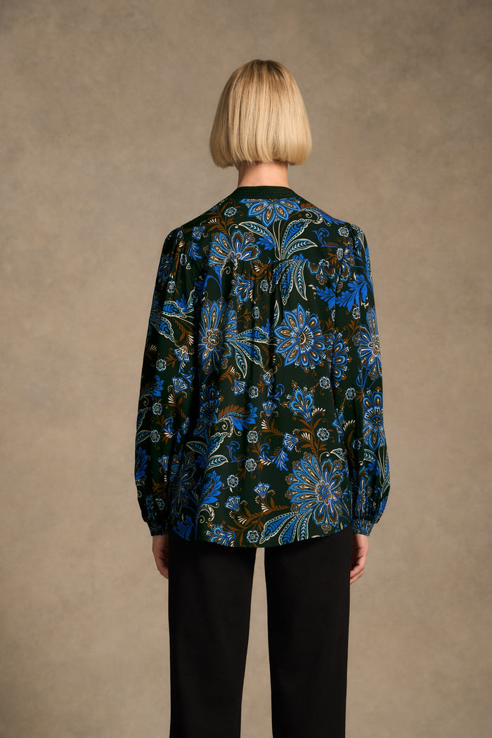 Notch Neck Blouse - Indigo Chintz Print