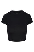 Front view of Ojai Tee Crop in Black Lightweight Rib showcasing crew neck, short sleeves and cropped length on white background
