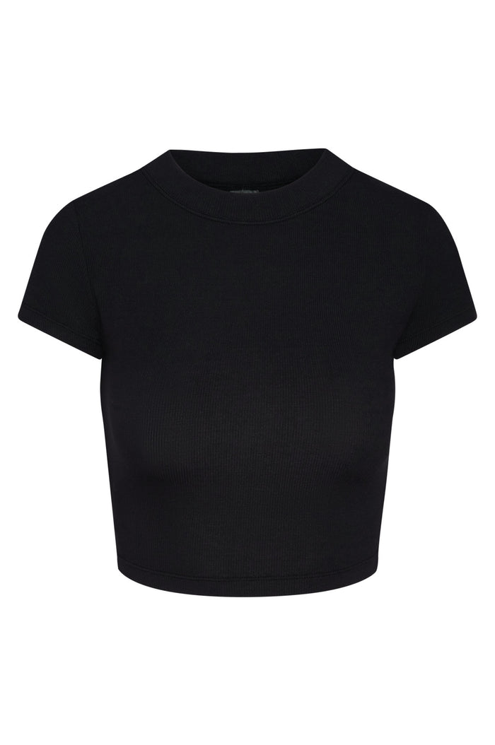 Front view of Ojai Tee Crop in Black Lightweight Rib showcasing crew neck, short sleeves and cropped length on white background