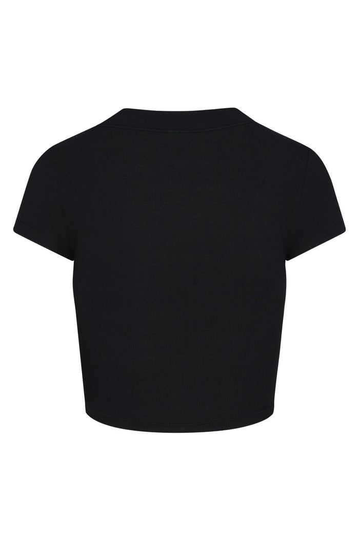 Back view of Ojai Tee Crop in Black Lightweight Rib showcasing ribbed fabric, crew neck, and short sleeves on white background