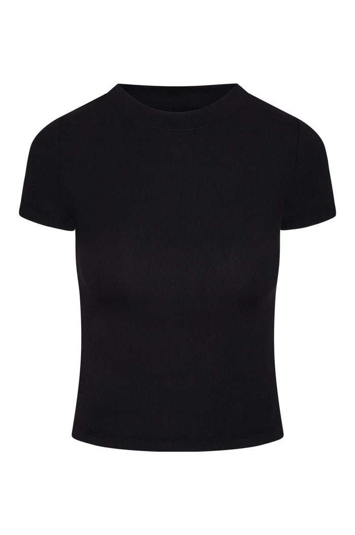 Front view of Ojai Tee Long in black lightweight rib showing crew neck and short sleeves on white background
