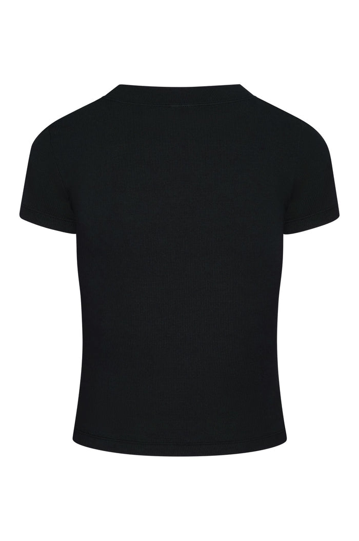 Back view of Ojai Tee Long in black lightweight rib showing short sleeves, crew neckline and ribbed texture on white background