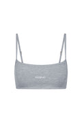 Gray bandeau bralette with thin adjustable straps and MONDAY embroidered on front