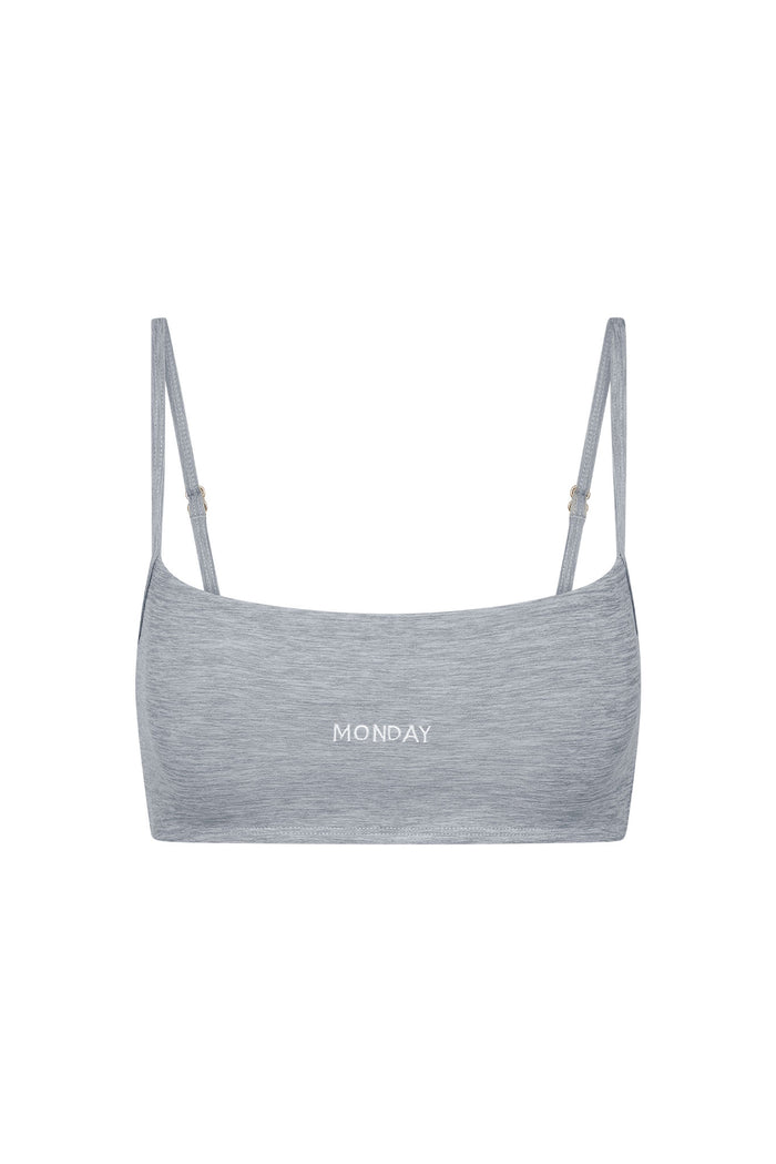 Gray bandeau bralette with thin adjustable straps and MONDAY embroidered on front