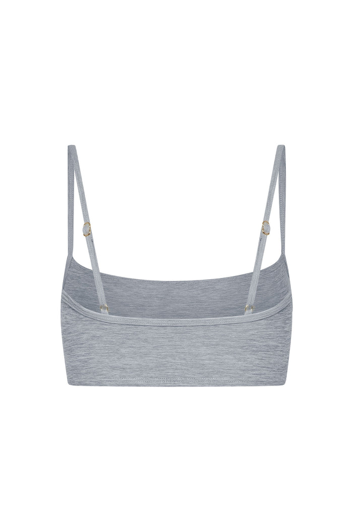 Gray heathered bralette, back view, thin adjustable straps with gold-tone hardware