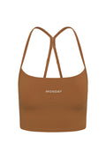 Front view of Olympic Tank in Caramel showing adjustable racerback straps, shelf bra and MONDAY embroidery on white background