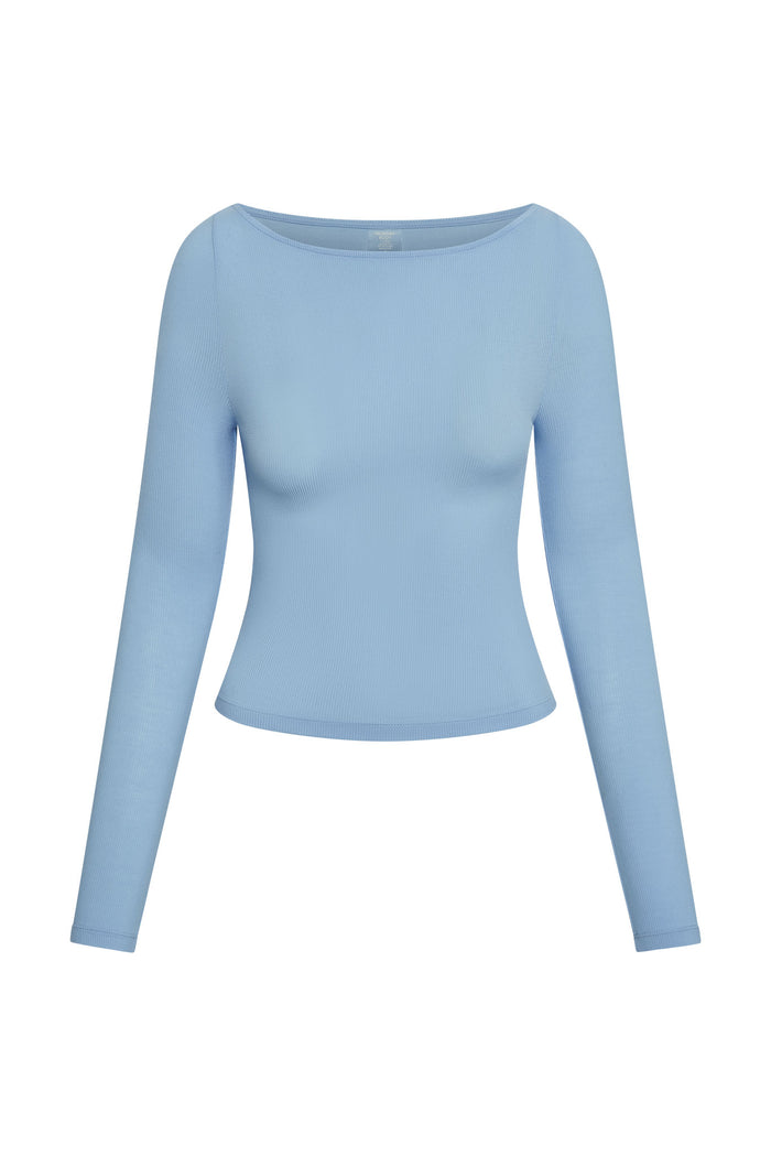 Front view of Paddington long-sleeve cropped crew in sky blue ribbed fabric on white background