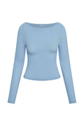 Front view of Paddington long-sleeve cropped crew in sky blue ribbed fabric on white background