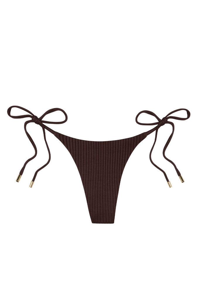 Brown ribbed tie-side bikini bottom with gold-tipped cord ends
