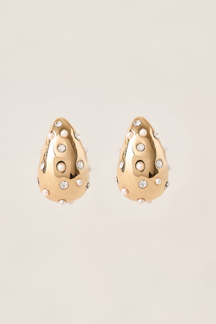 Pearl & Diamante Teardrop Studs - Gold