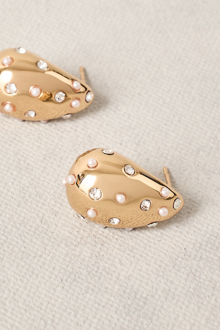 Pearl & Diamante Teardrop Studs - Gold