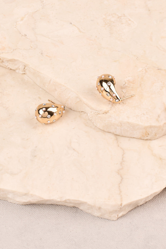 Pearl & Diamante Teardrop Studs - Gold