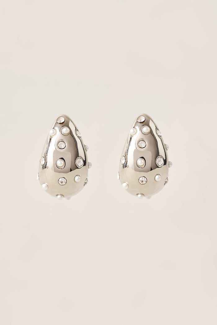 Pearl & Diamante Teardrop Studs - Silver
