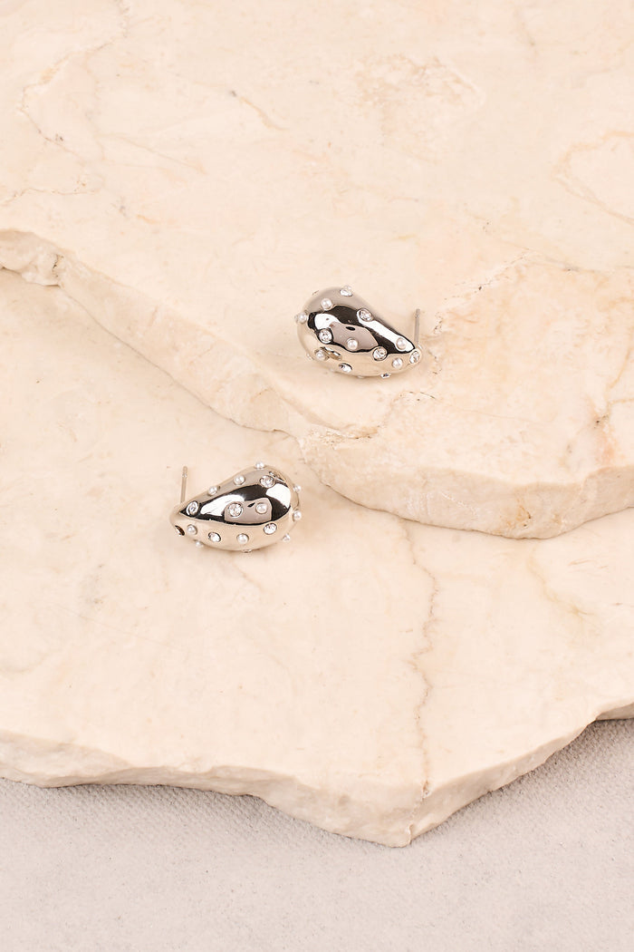 Pearl & Diamante Teardrop Studs - Silver