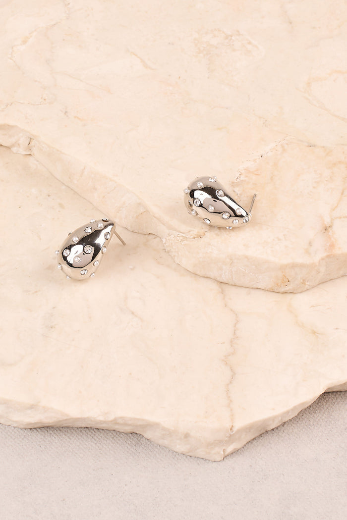 Pearl & Diamante Teardrop Studs - Silver