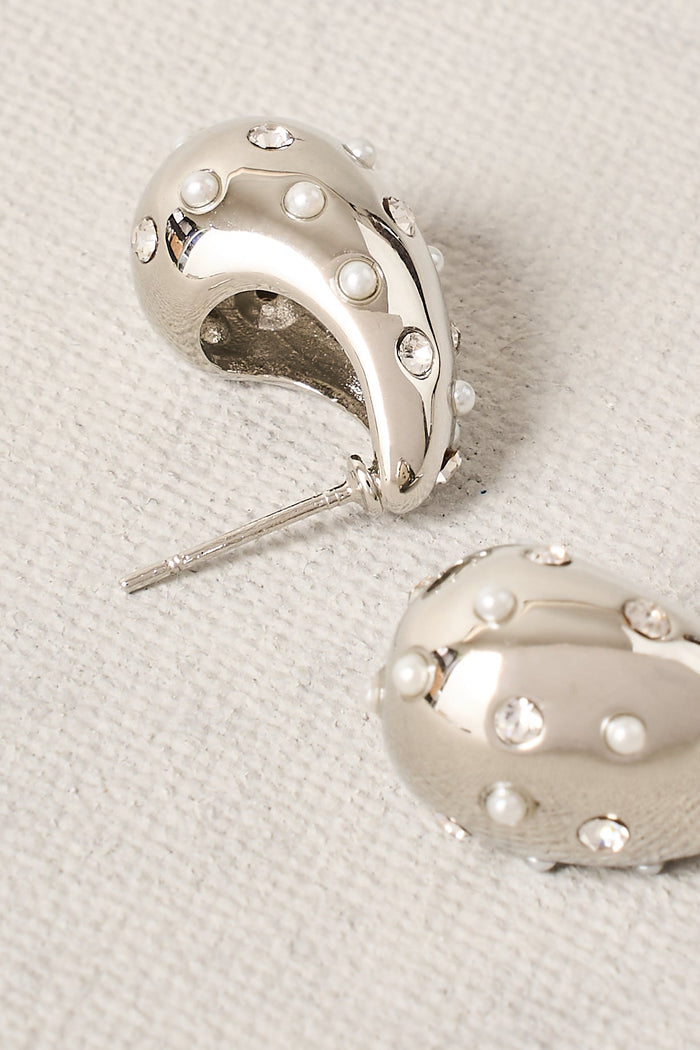 Pearl & Diamante Teardrop Studs - Silver
