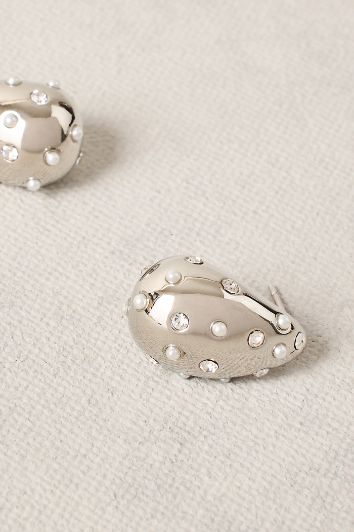 Pearl & Diamante Teardrop Studs - Silver
