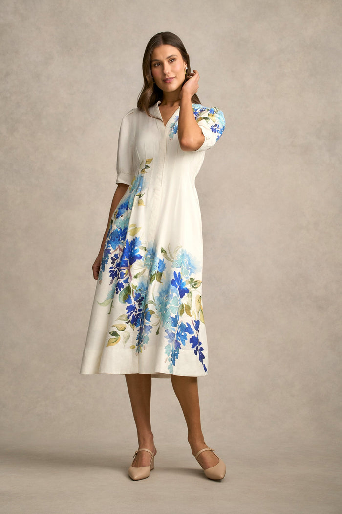 Pin Tuck Linen Dress - Watercolour Floral