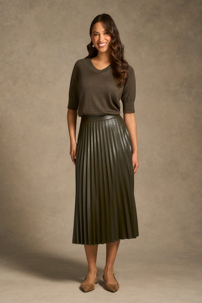 Pleated Faux Leather Skirt - Olive