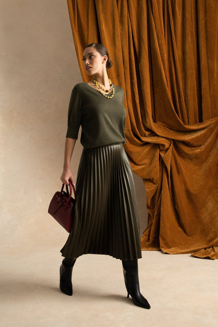 Pleated Faux Leather Skirt - Olive
