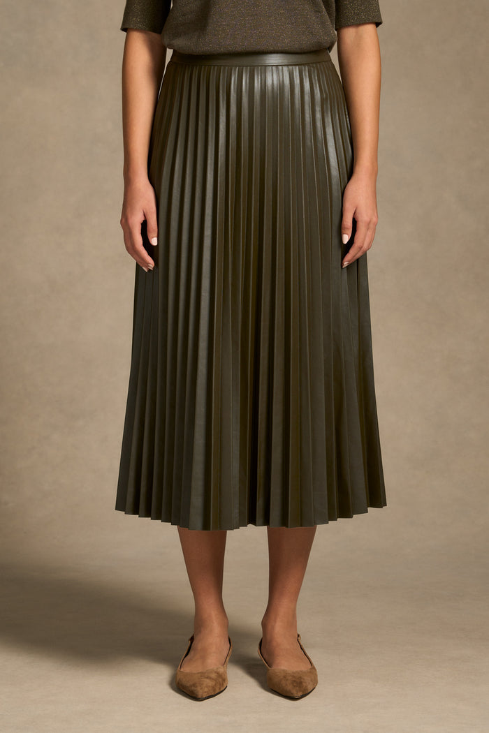 Pleated Faux Leather Skirt - Olive