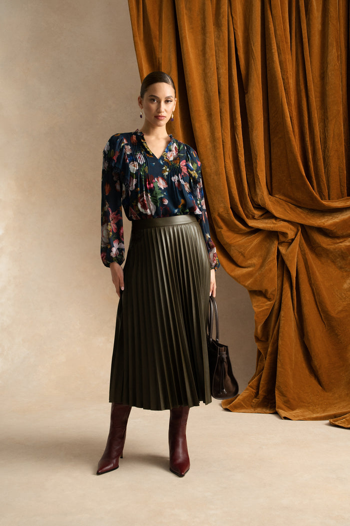 Pleated Faux Leather Skirt - Olive