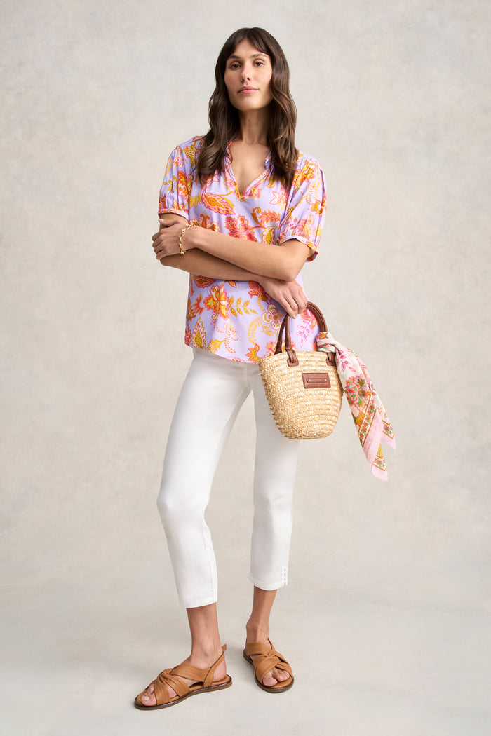 Printed Frill Neck Blouse - Floral Lilac Print