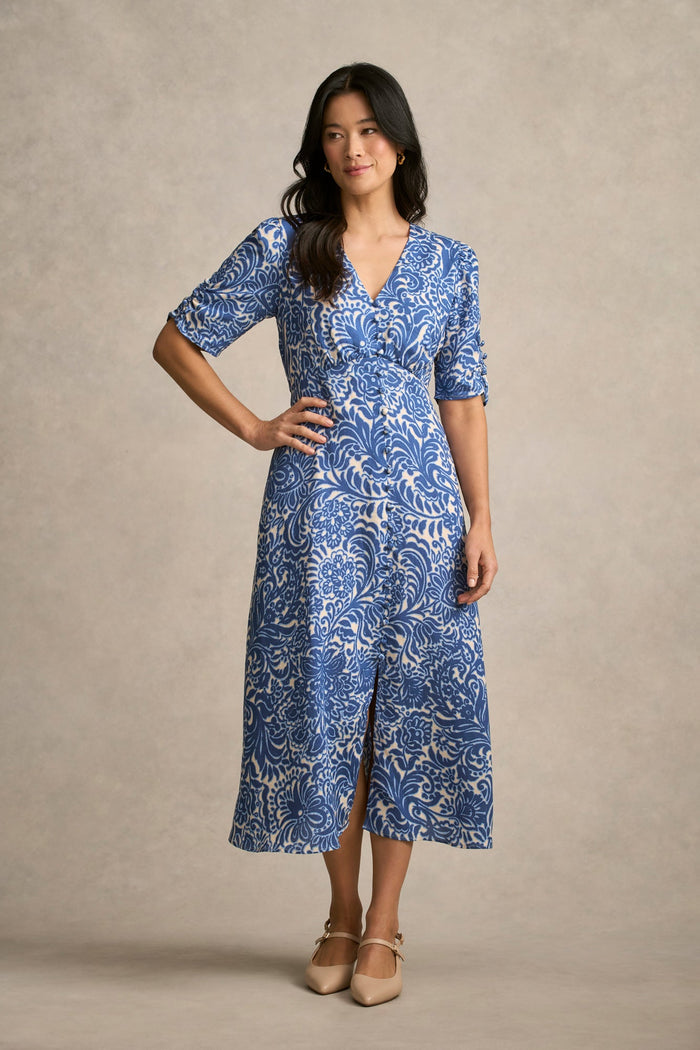 Printed Linen Blend Dress - Azure Opulence Print