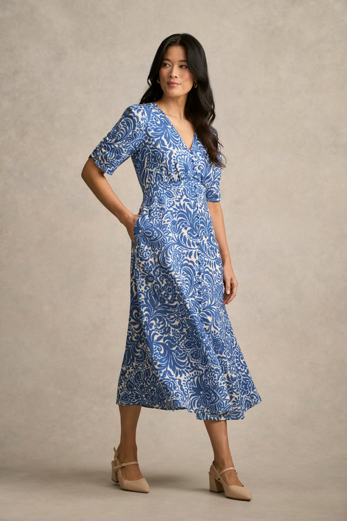 Printed Linen Blend Dress - Azure Opulence Print