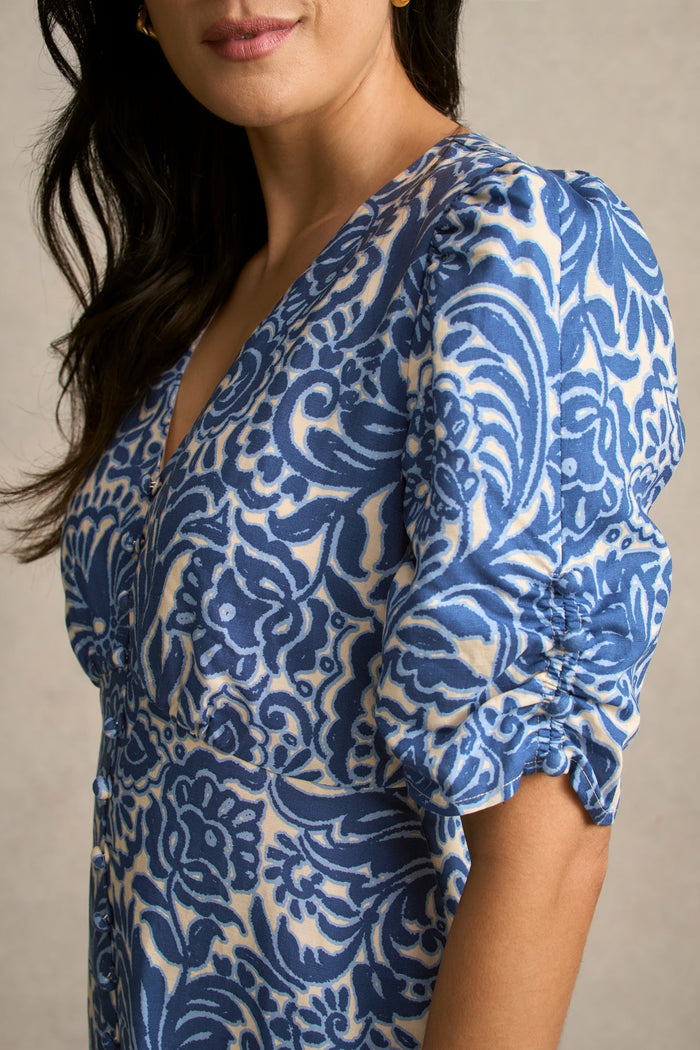 Printed Linen Blend Dress - Azure Opulence Print