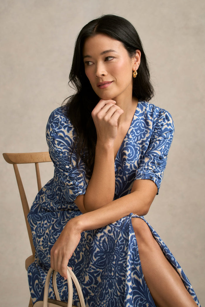 Printed Linen Blend Dress - Azure Opulence Print