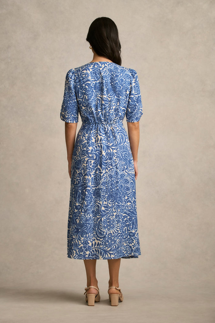 Printed Linen Blend Dress - Azure Opulence Print