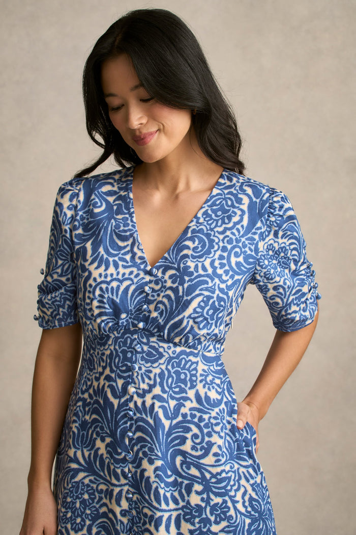 Printed Linen Blend Dress - Azure Opulence Print