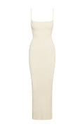 Front view of Provence Dress in Ivory Knit Rib showcasing ribbed knit, square neckline and thin straps on white background