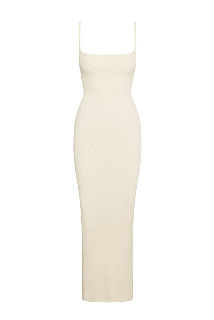 Front view of Provence Dress in Ivory Knit Rib showcasing ribbed knit, square neckline and thin straps on white background