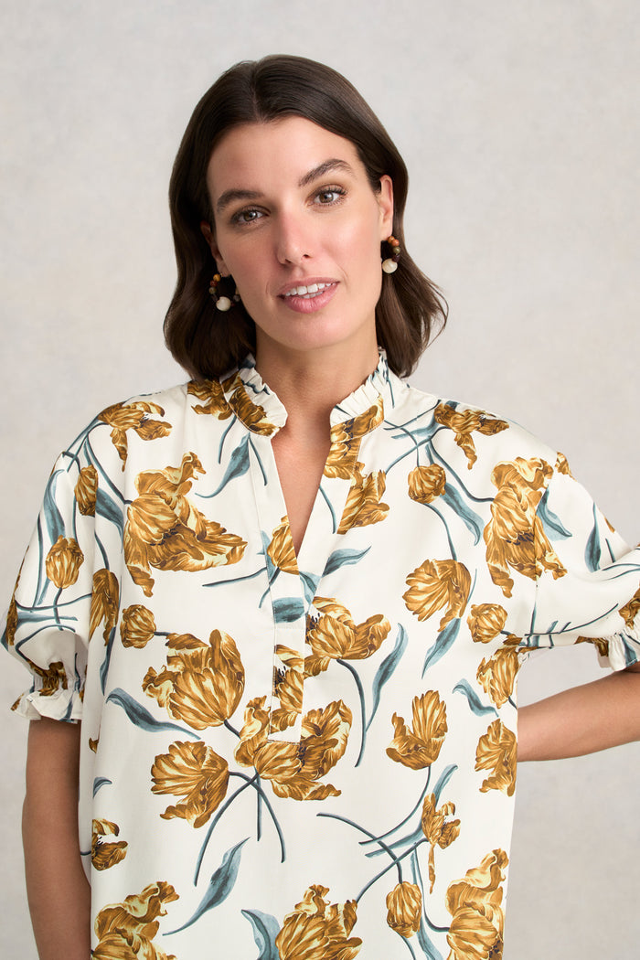 Puff Sleeve Printed Blouse - Floating Stem Print