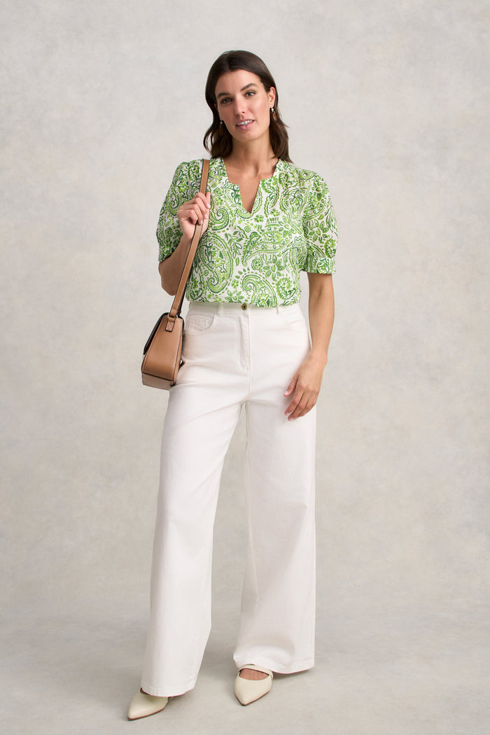 Ramie Cotton Blouse - Green Paisley Print