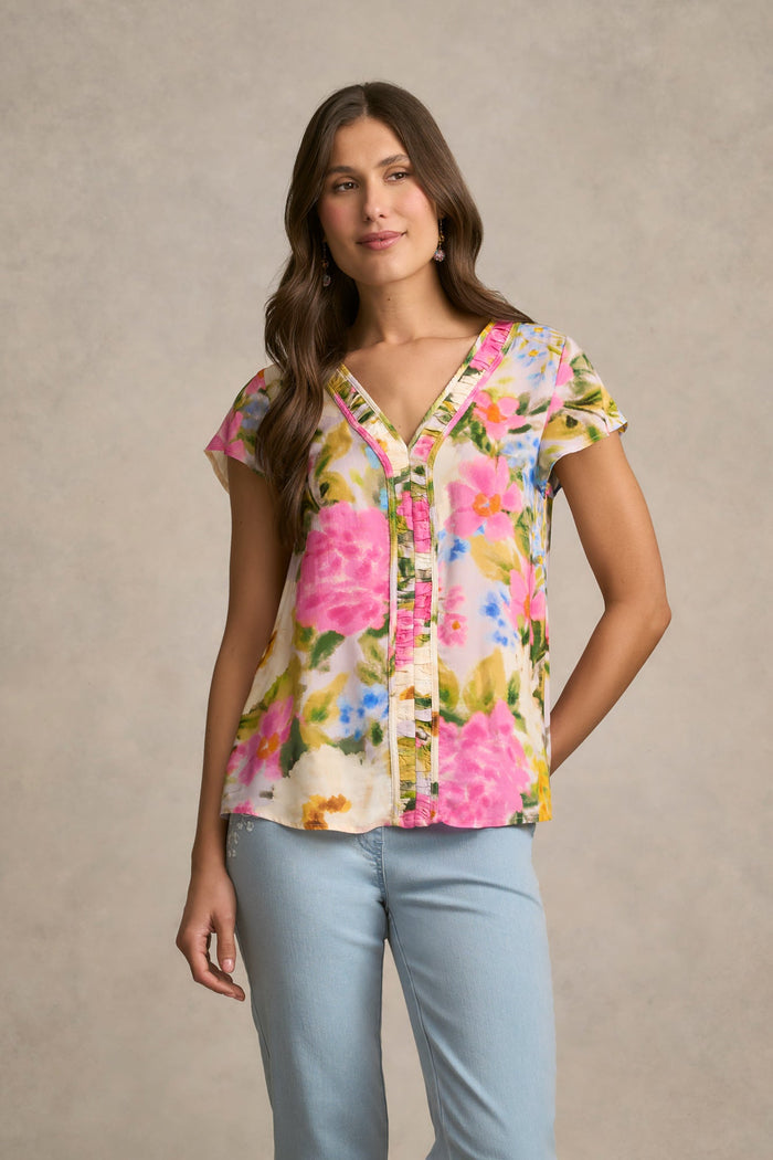 Ruched Short Sleeve Blouse - Spring Garden Print