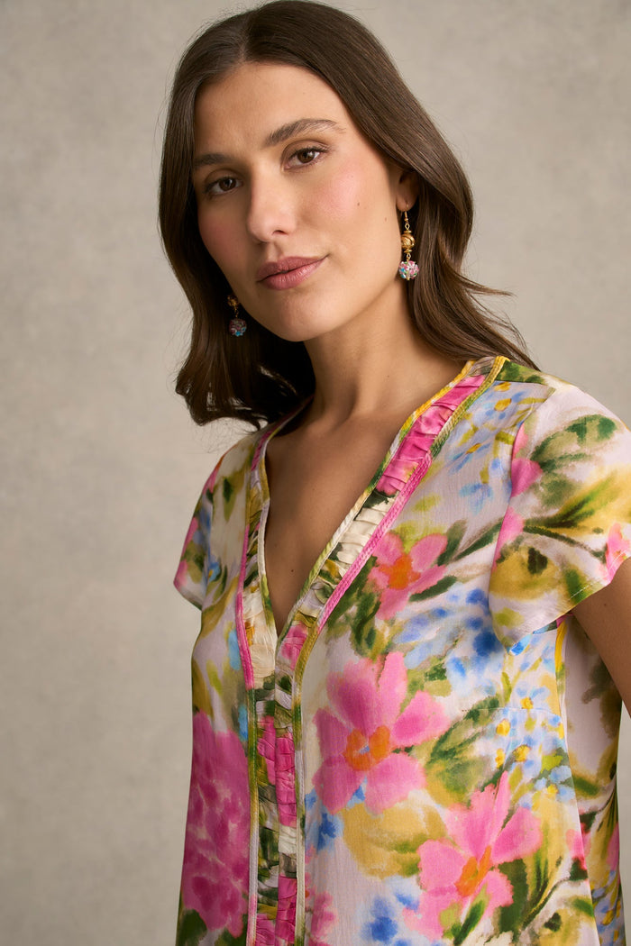 Ruched Short Sleeve Blouse - Spring Garden Print