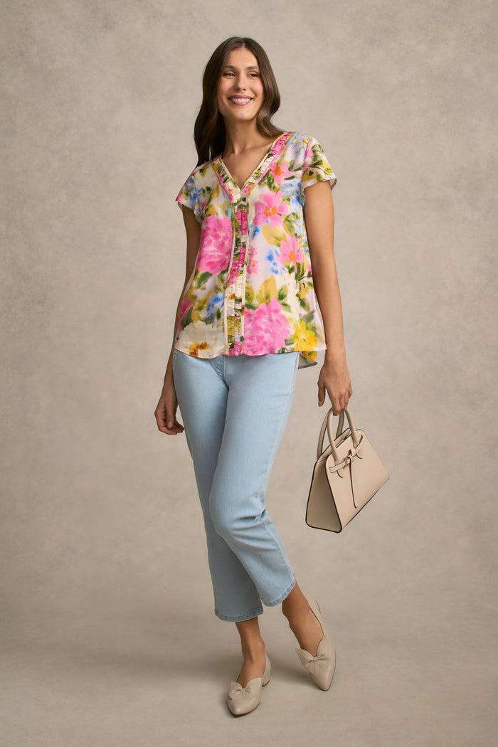 Ruched Short Sleeve Blouse - Spring Garden Print